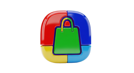 A colorful, abstract cube with a shopping bag icon, representing commerce and retail, against a white background.