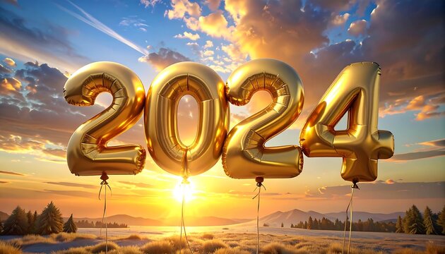 Golden 2024 balloons at sunset - Powered by Adobe