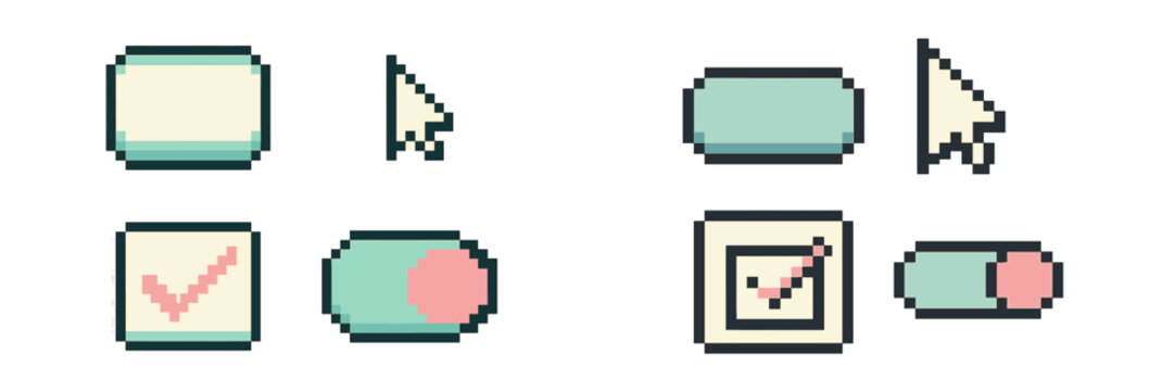 Retro pixel art user interface elements with interactive buttons, selection boxes, and mouse cursors