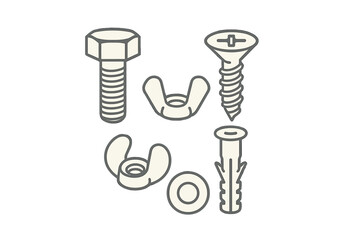 Assortment of common hardware fasteners including bolt, screw, wing nuts, washer, and wall anchor