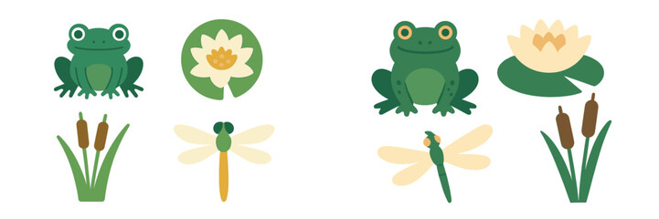 Adorable pond life collection with green frogs, white water lilies, flying dragonflies, and brown cattails