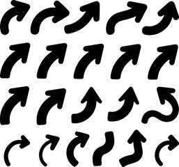 Obraz premium Collection of thick, bold, hand-drawn black curved arrows. A diverse set of pointer icons and symbols showing navigation, direction, and movement
