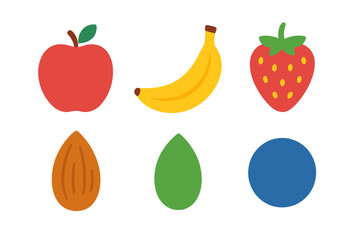 Vibrant collection of healthy fruits and nuts, including fresh apple, banana, strawberry, almond, and blueberry, promoting a balanced diet and natural nutrition