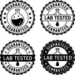 Set of four black and white circular stamps with the words 'Guaranteed Lab Tested' and a science flask icon symbolizing quality assurance and scientific validation