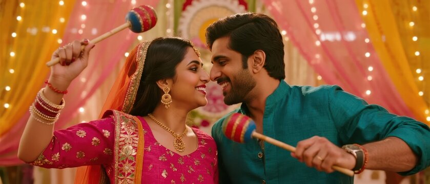 Romantic Couple Playing Dandiya Raas During Indian Wedding Festive Celebration