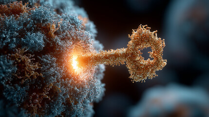 A visualization of the lock-and-key model in pharmacodynamics, showing a drug molecule binding to a cell receptor.