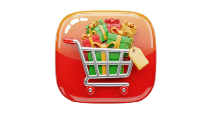 A vibrant, glossy icon depicting a miniature shopping cart overflowing with festive gift boxes, symbolizing online shopping and holiday purchases.
