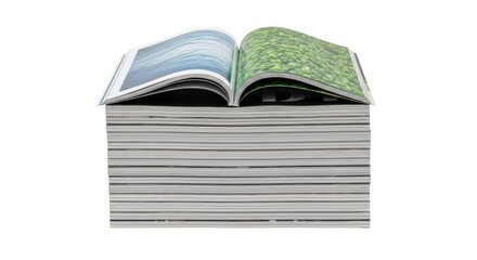 Isolated stack of journals with an open magazine on top, advertising and publishing