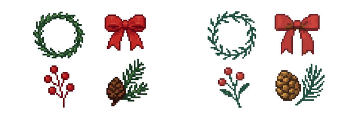 Pixel art Christmas holiday decorative elements set featuring festive wreaths red bows berries pinecones and green pine branches