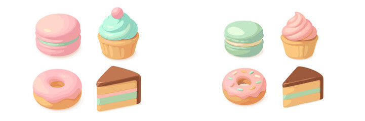 Collection of various sweet pastel desserts including macarons cupcakes donuts and cake slices on a clean white background