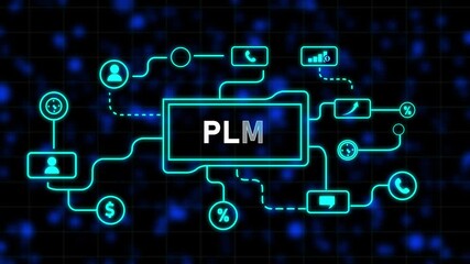 Neon blue flowchart diagram with the text PLM in the center and connected icons representing business and communication on a dark grid background - Powered by Adobe