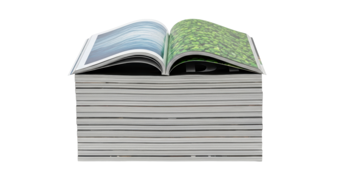 Isolated stack of journals with an open magazine on top, advertising and publishing