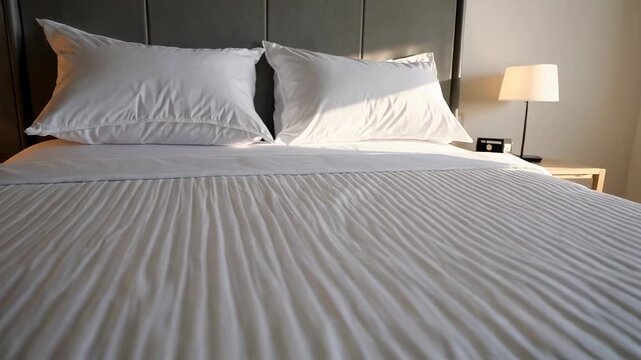 Sunlight streams into a modern hotel room as a maid meticulously smooths the crisp white sheets and arranges plump pillows on a comfortable bed, preparing the room for the next guest's arrival