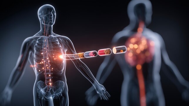 A visualization of pharmacokinetics (ADME), showing the journey of a drug capsule through the human body.