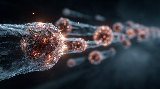 A swarm of intelligent nanobots delivering a drug payload through the bloodstream in a targeted therapy.