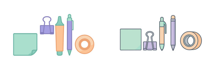 Collection of office and school supplies including sticky note, binder clip, highlighter, pen, and tape for various tasks and organizational needs