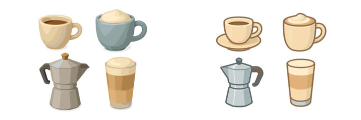 Collection of coffee beverages and brewing equipment including espresso cups, latte glasses, and moka pots