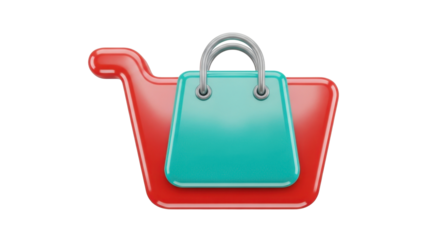 A stylized 3D icon depicting a red shopping cart filled with a turquoise shopping bag, representing online commerce and retail.