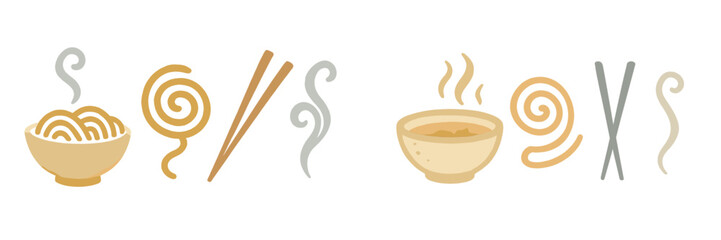 Stylized Asian food elements featuring steaming noodle bowl, hot soup, and various chopsticks with steam swirls