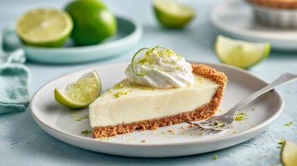 Key lime pie slice on minimalist white plate, pastel mint background, scattered lime wedges and zest, clean airy style, copy space