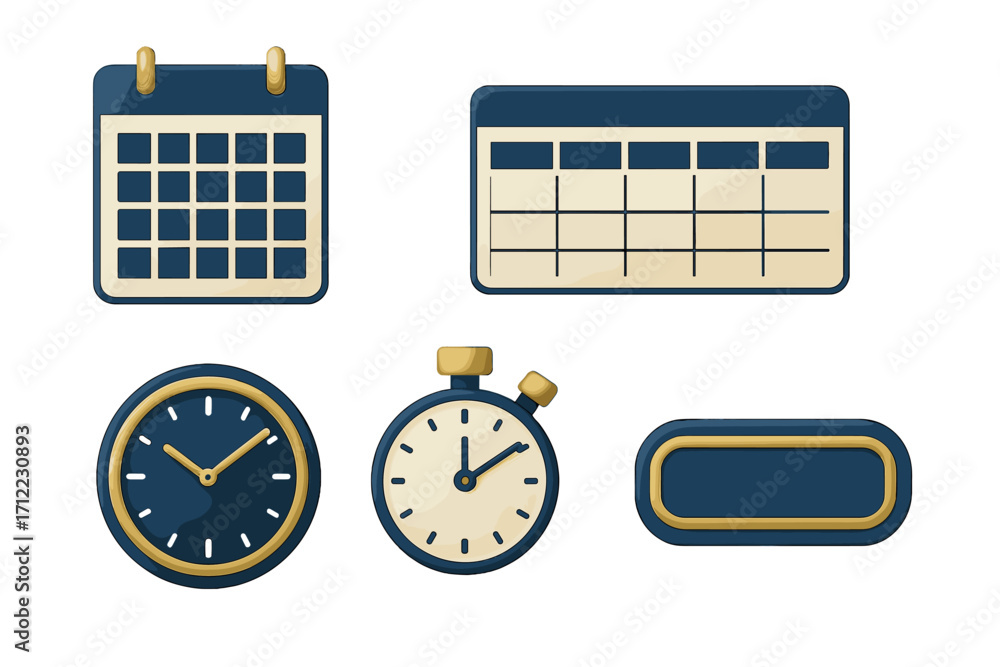 Poster time management and scheduling icons featuring a calendar, clock, and stopwatch for planning and org