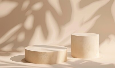 Minimal abstract background for product presentation, two round podiums with copy space on the light beige backdrop, soft focus photography