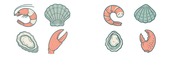 Assortment of fresh seafood elements including shrimp, scallops, oysters, and crab claws for culinary designs