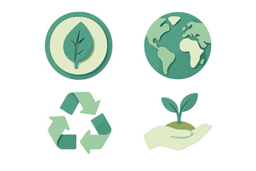 Global environmental sustainability concepts featuring planet Earth, green leaf, recycling symbol, and growing plant
