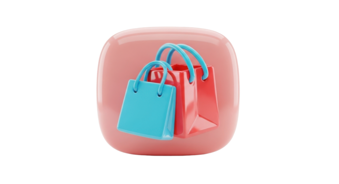Three colorful shopping bags, two red and one blue, are presented within a rounded square icon, symbolizing commerce and retail.
