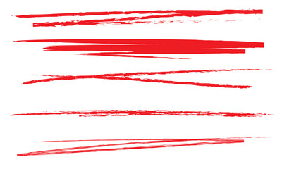Set of red ink brush strokes. Collection of textured red ink brush strokes with varying thickness, rough edges, and artistic design elements useful for digital art backgrounds. Vector 10eps
