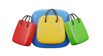 Three colorful shopping bags, red, yellow, and green, are arranged around a larger blue square icon, symbolizing commerce and retail.