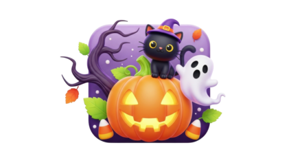 A cute black cat wearing a witch hat sits atop a glowing jack-o'-lantern, with a playful ghost floating nearby amidst autumn leaves and a spooky tree.