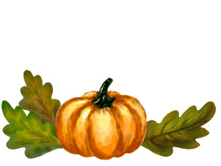Pumpkins, autumn leaves,Decorative Oak Leaves Border for Seasonal Design.Green and Orange Oak Leaves Vector Illustration Watercolor style