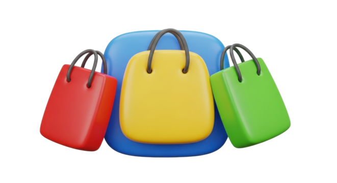 Three colorful shopping bags, red, yellow, and green, are arranged around a larger blue square icon, symbolizing commerce and retail.