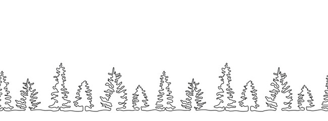 silhouette of forest winter trees. seamless pattern, Evergreen coniferous nature. Pine, spruce, tree in the style of one line. winter elements isolated on a white background. for print, banner © dezignstock