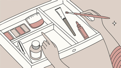 Organized Makeup and Cosmetic Tools in Drawer Illustration.