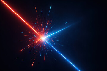 Dual Laser Beams Clash:  Dynamic interplay of red and blue laser beams colliding at a central point, evoking themes of conflict, technology, and energy against a dark backdrop.