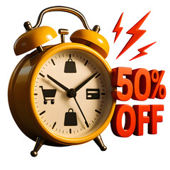 Alarm Clock with 50 Off Sale and Shopping Symbols