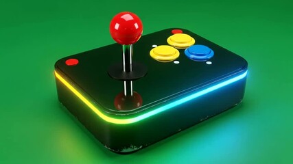 A glossy, retro-style video  controller with vibrant neon lighting is highlighted against a solid green background. - Powered by Adobe