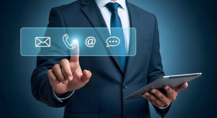 A man in a suit points to a floating transparent panel with contact icons while holding a tablet device
