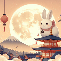 The moon and the rabbit. Moon viewing or Mid-Autumn Harvest Moon. Jugoya or Tsukimi in Japanese