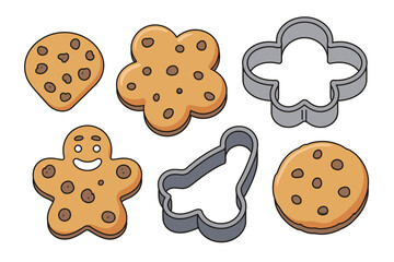Collection of chocolate chip cookies and cookie cutters