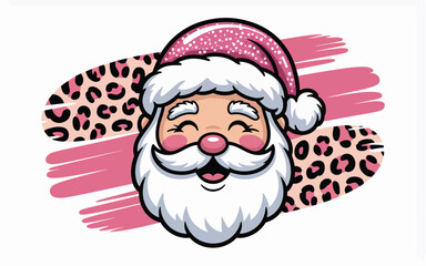 Santa claus face with pink leopard print and brush strokes