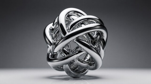 Abstract chrome metallic intertwined geometric shape on a grey background