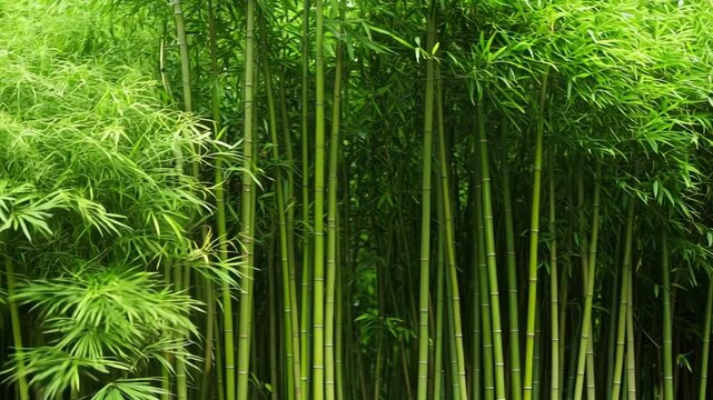 Wandering through a dense bamboo forest, surrounded by vibrant green plants, creating a serene and peaceful atmosphere