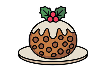 Traditional christmas pudding with holly and berries on a plate