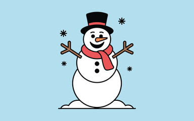 Happy snowman wearing a top hat and scarf in the snow
