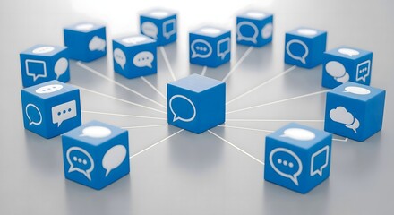 A network of blue cubes with white speech bubbles connected by lines on a light gray background