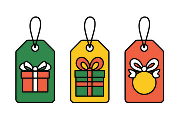 Three festive gift tags with presents and ornaments