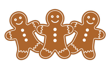 Three cheerful gingerbread men cookies holding hands in a row